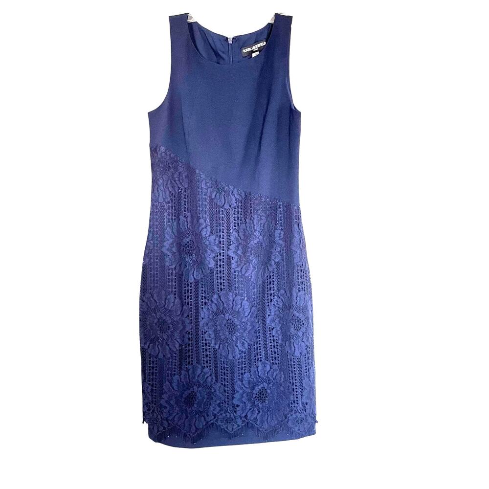 Karl Lagerfeld Paris Navy Blue Sleeveless Asymmetric Floral Lace Sheath Dress 8